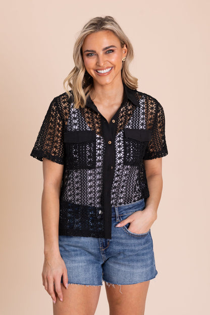 Button Up Crochet Front Pocket Woven Top
