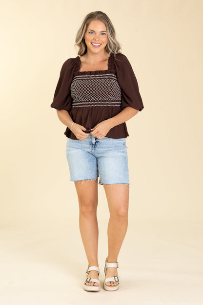 Brown Smocked Woven Blouse