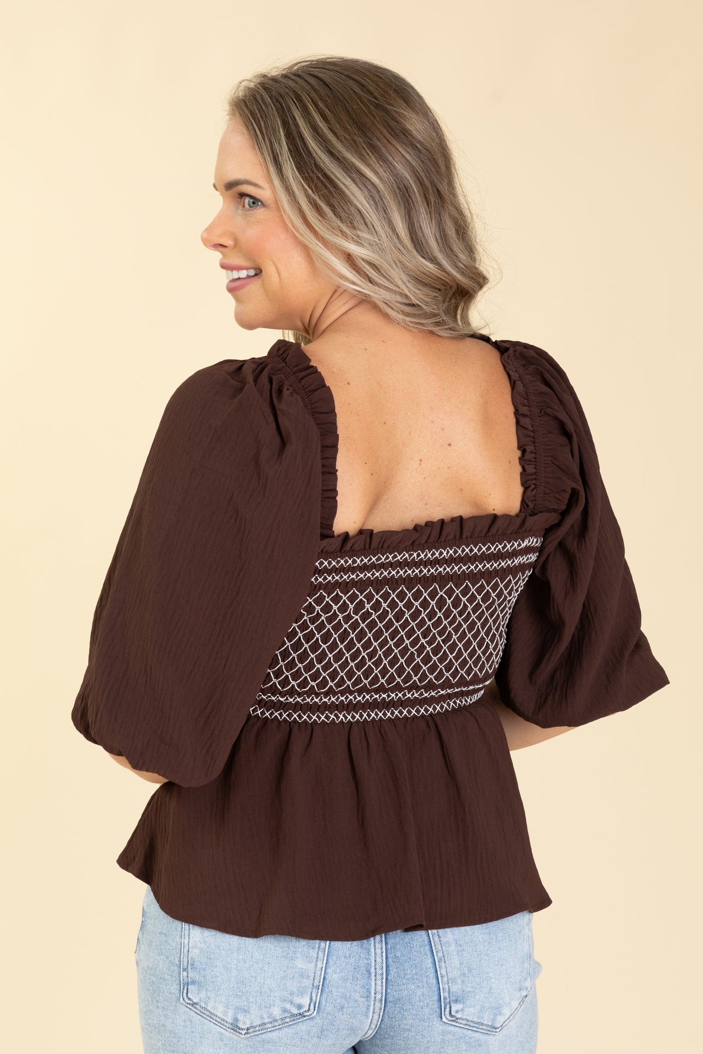Brown Smocked Woven Blouse