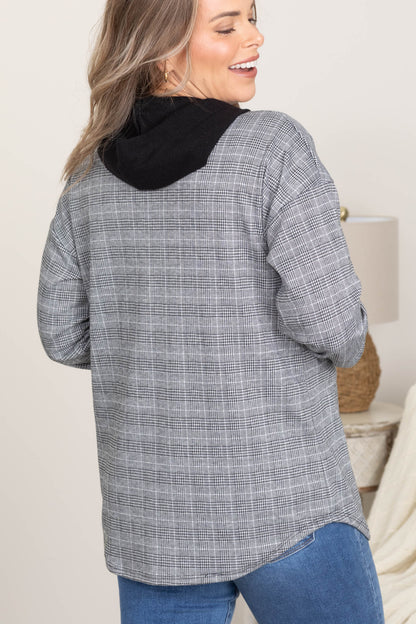 Charcoal Plaid Hooded Button Up Shacket