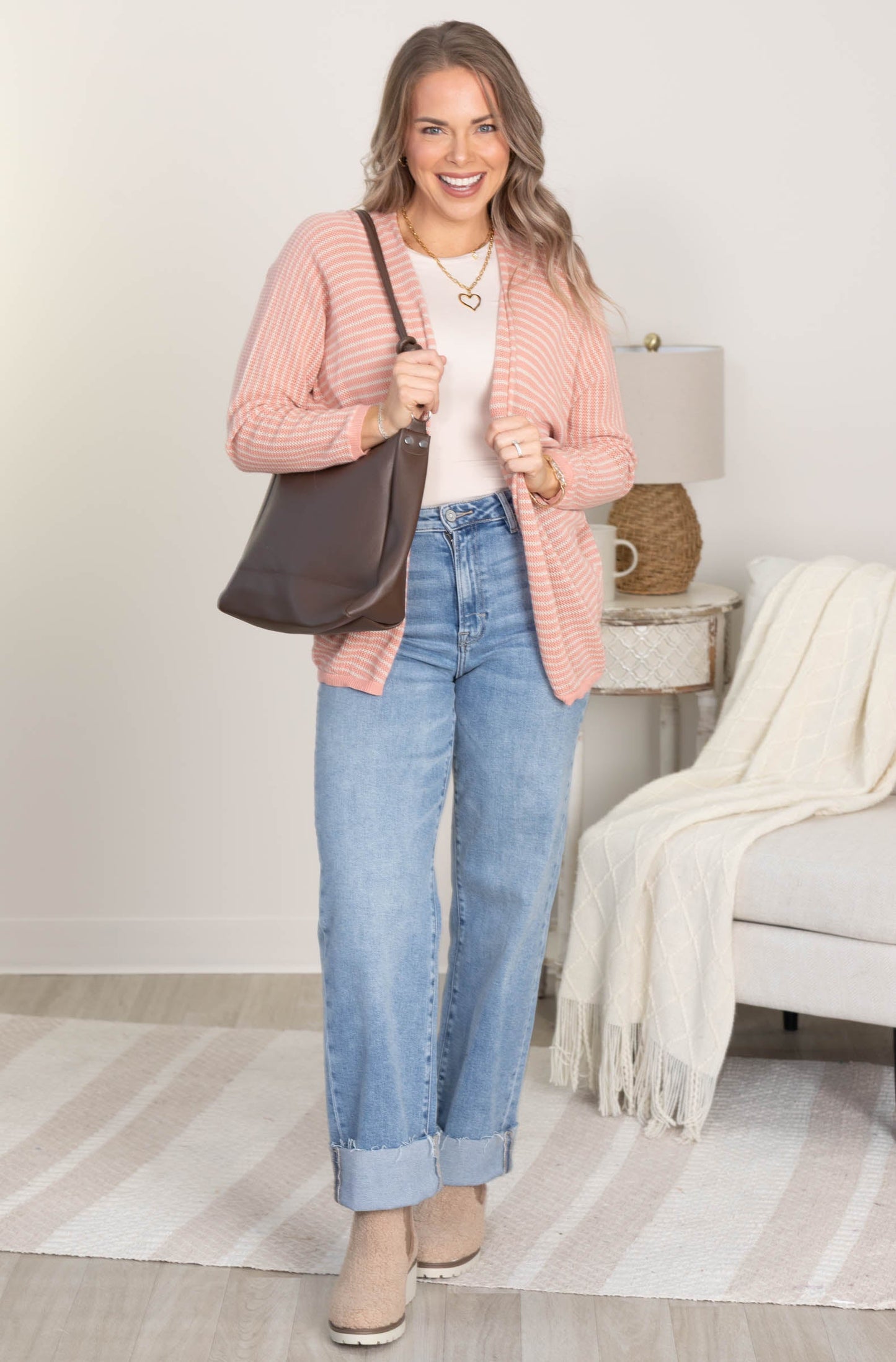 Coral Striped Dolman Sleeve Open Cardigan
