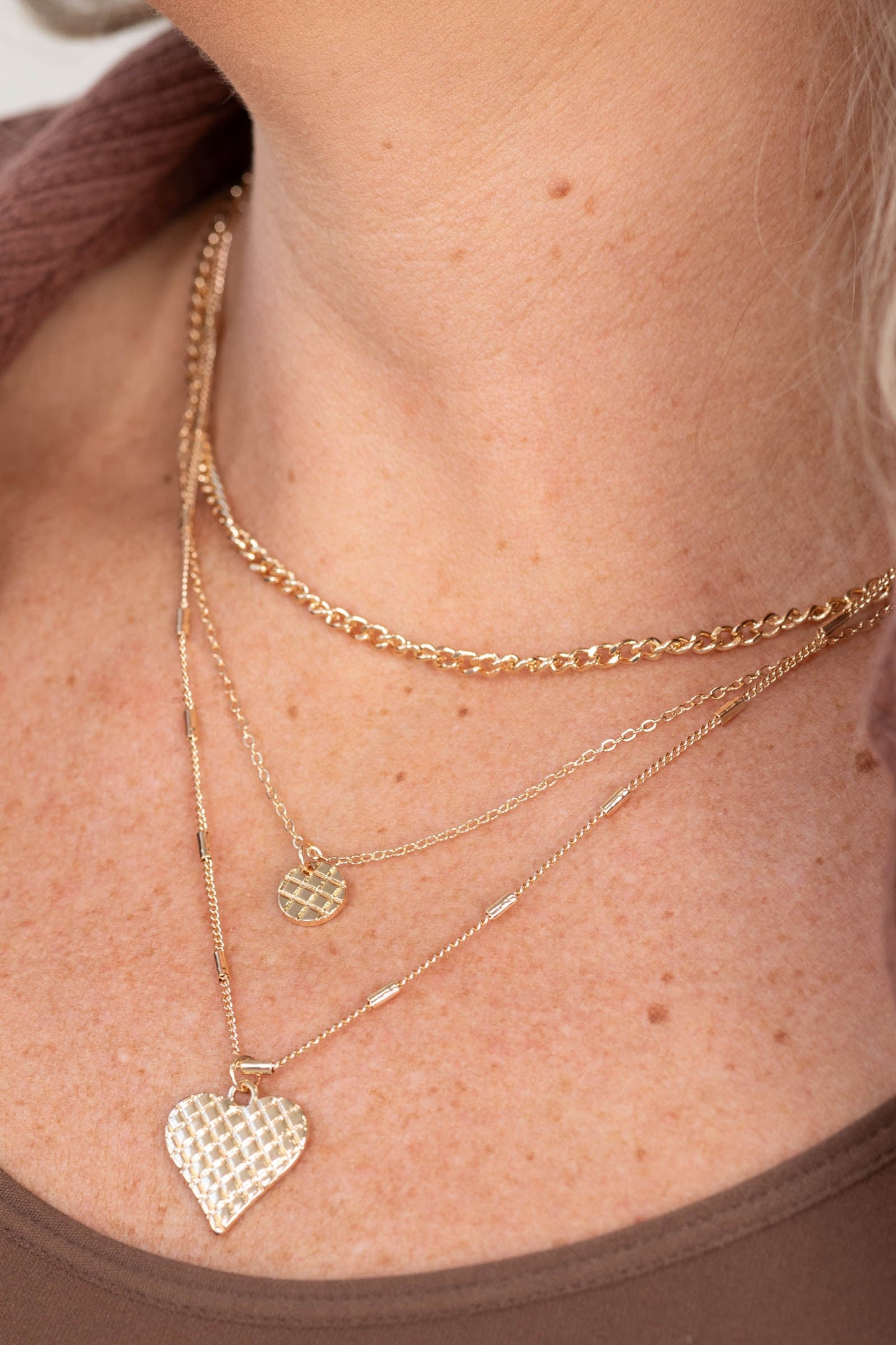 Checker Engraved Heart Charm Layered Necklace