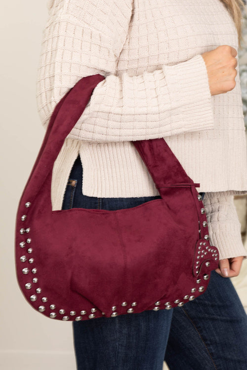 Burgundy Faux Suede Studded Shoulder Bag