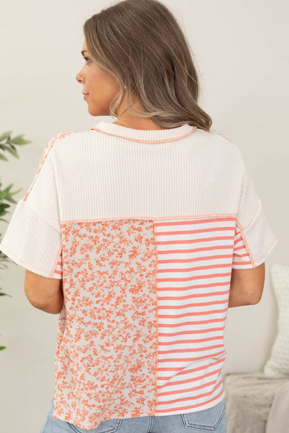 Coral V-Neck Floral And Stripe Knit Rib Top