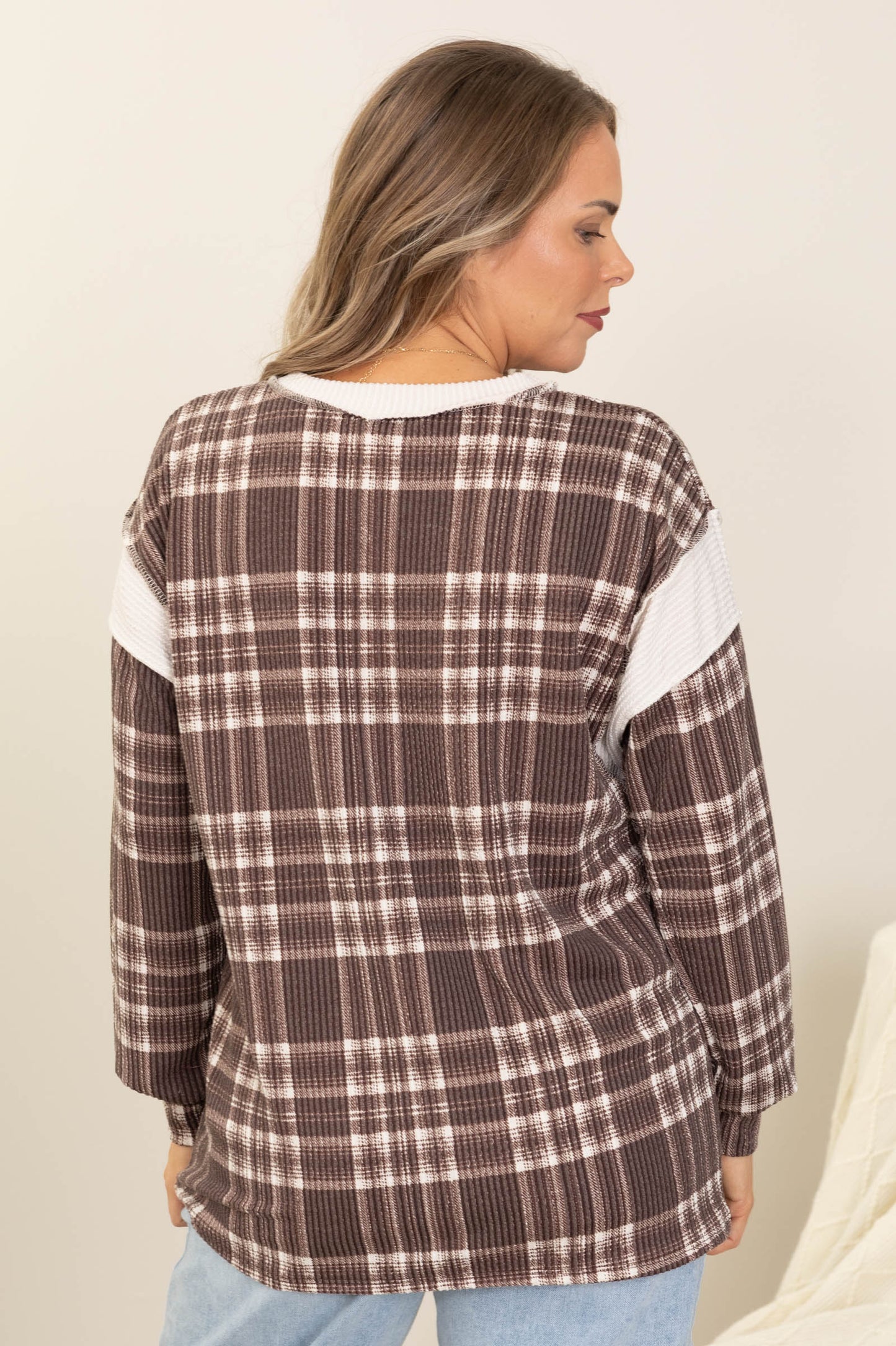 Brown Plaid Ribbed Knit Long Sleeve Top