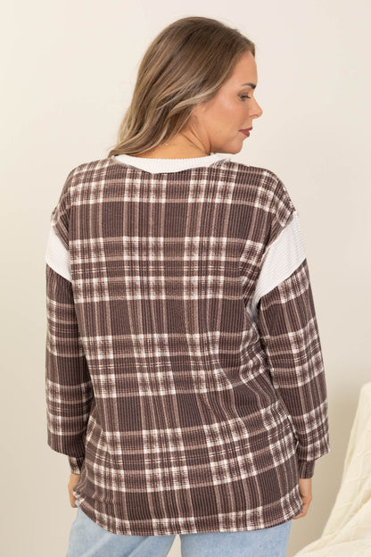 Brown Plaid Ribbed Knit Long Sleeve Top