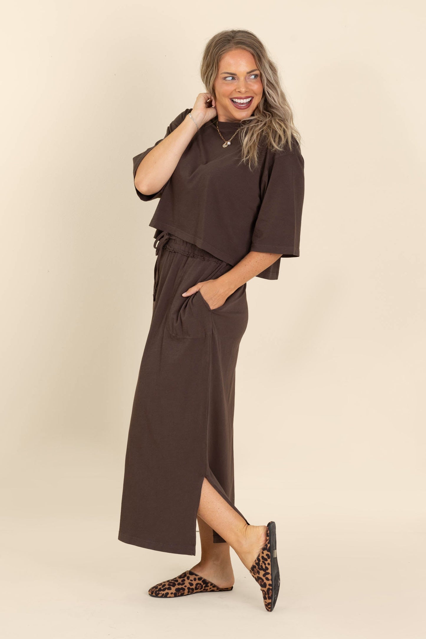 Brown Cotton Top and Skirt Set