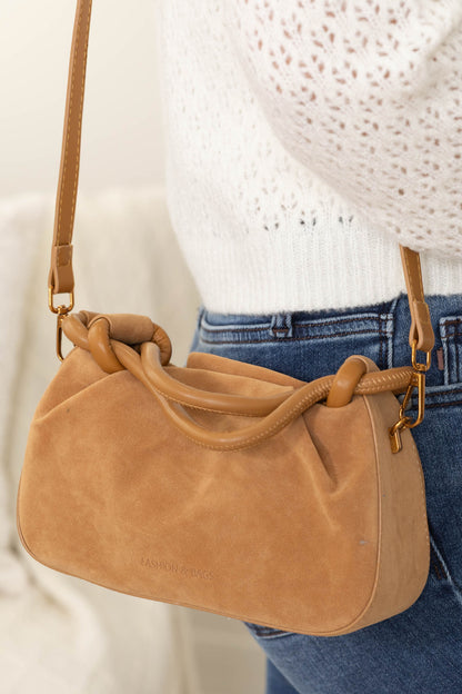 Camel Rouched Faux Suede Tote Handbag