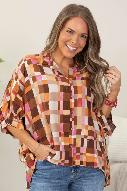 Brown Combo Checker Button Down Woven Top
