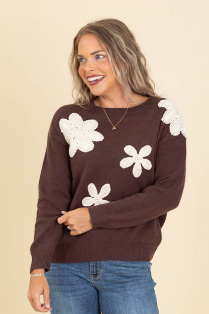 Brown With Crochet Florals Sweater