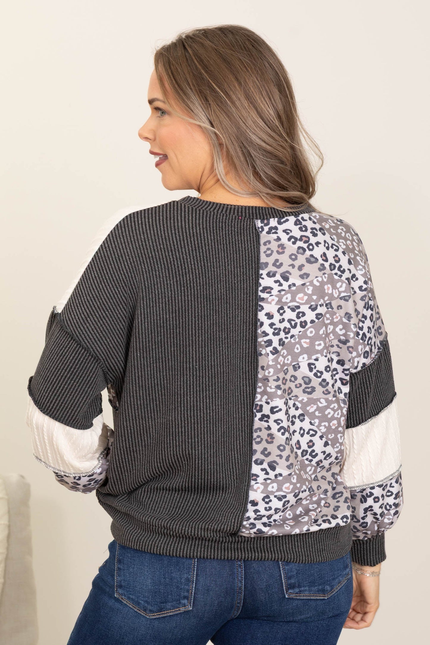 Charcoal Rib Knit Checker Leopard Knit Top