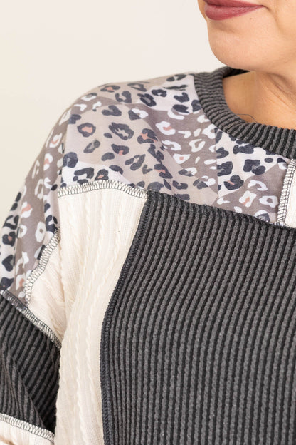 Charcoal Rib Knit Checker Leopard Knit Top