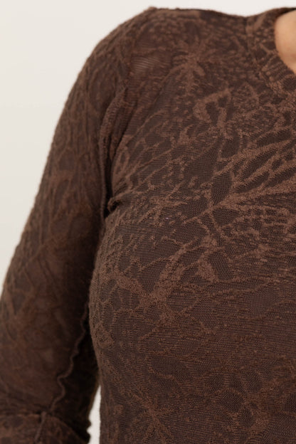 Brown Bell Long Sleeve Floral Lace Top