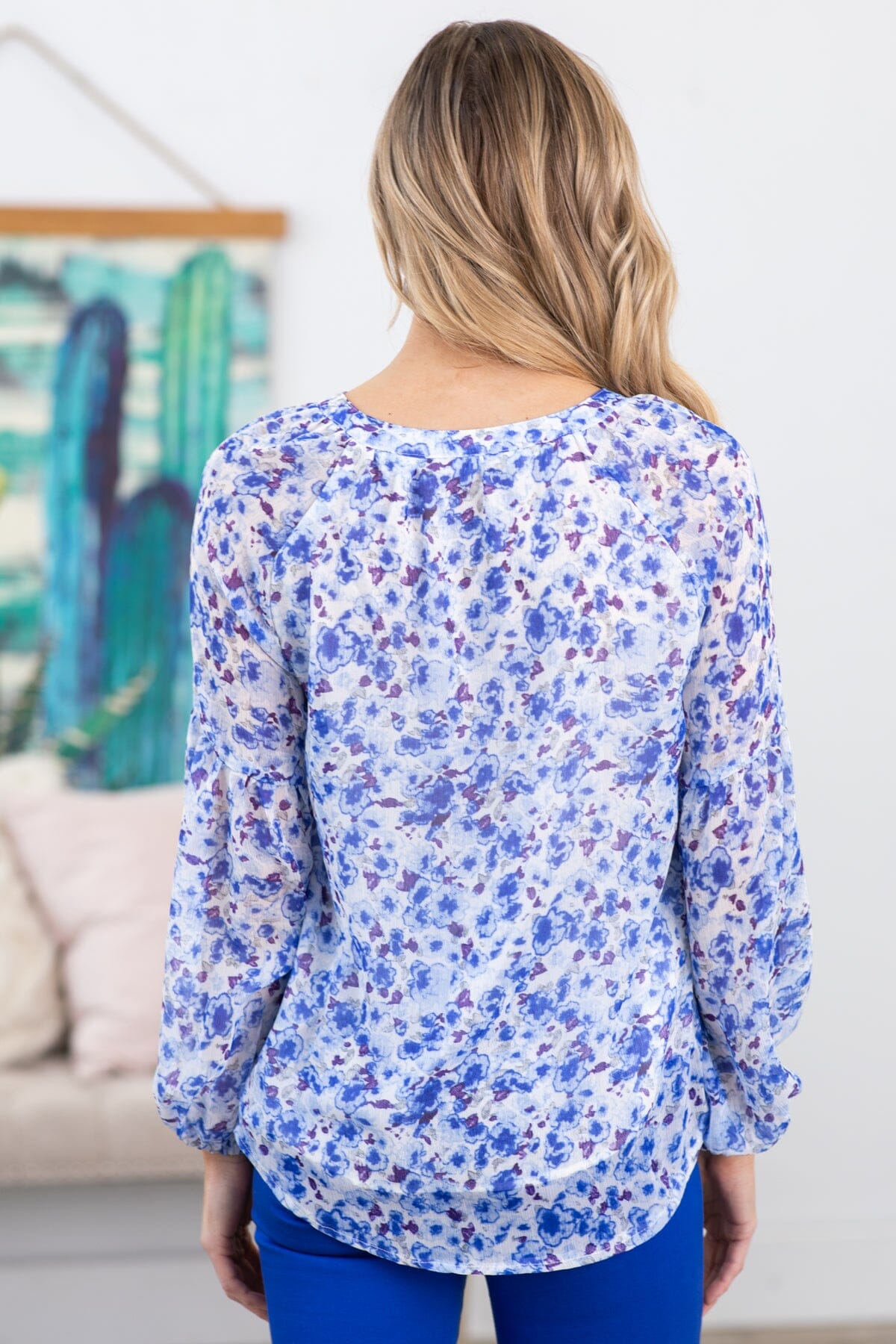 Cobalt and Indigo Floral Print V-Neck Top