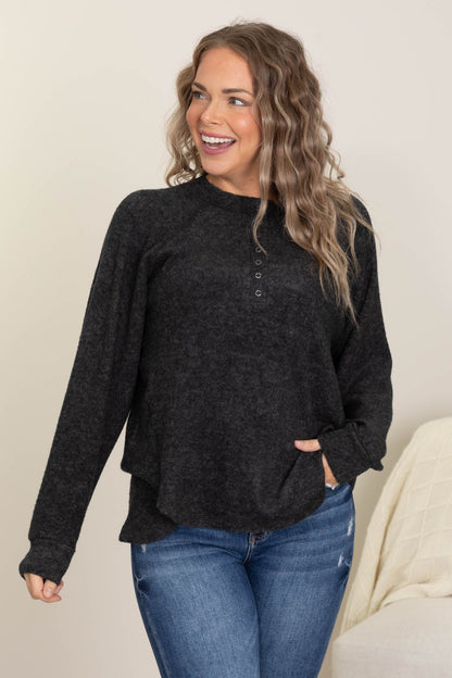 Brushed Melange Button Knit Top