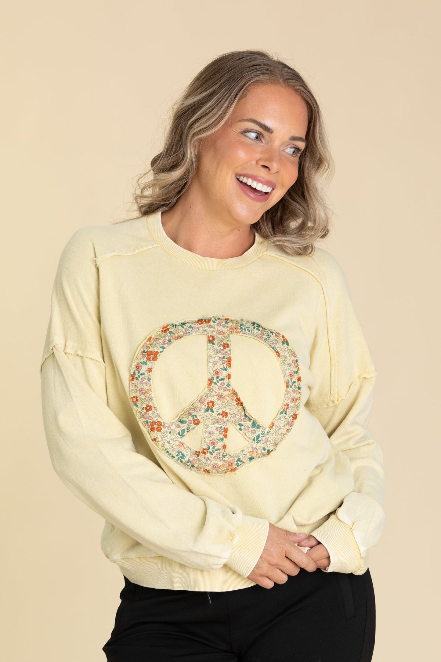 Butter Yellow Peace Sign Washed Terry Knit Top