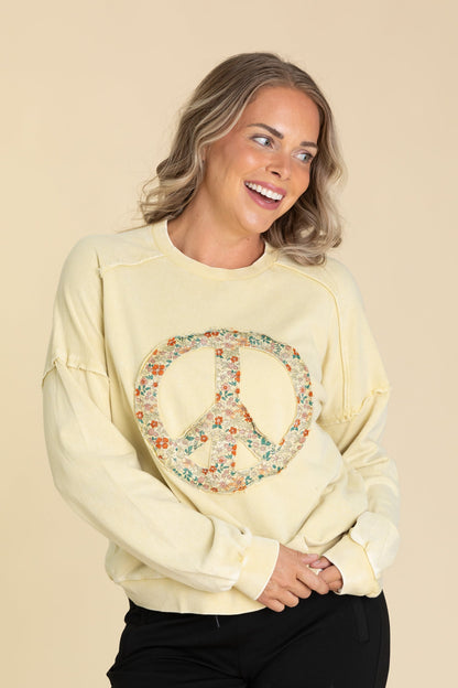 Butter Yellow Peace Sign Washed Terry Knit Top
