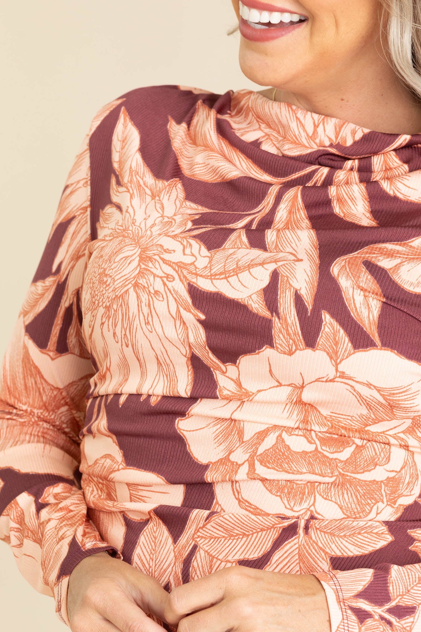 Burgundy Floral Print Cowl Neck Midi Dress
