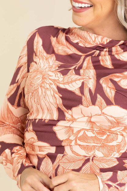 Burgundy Floral Print Cowl Neck Midi Dress