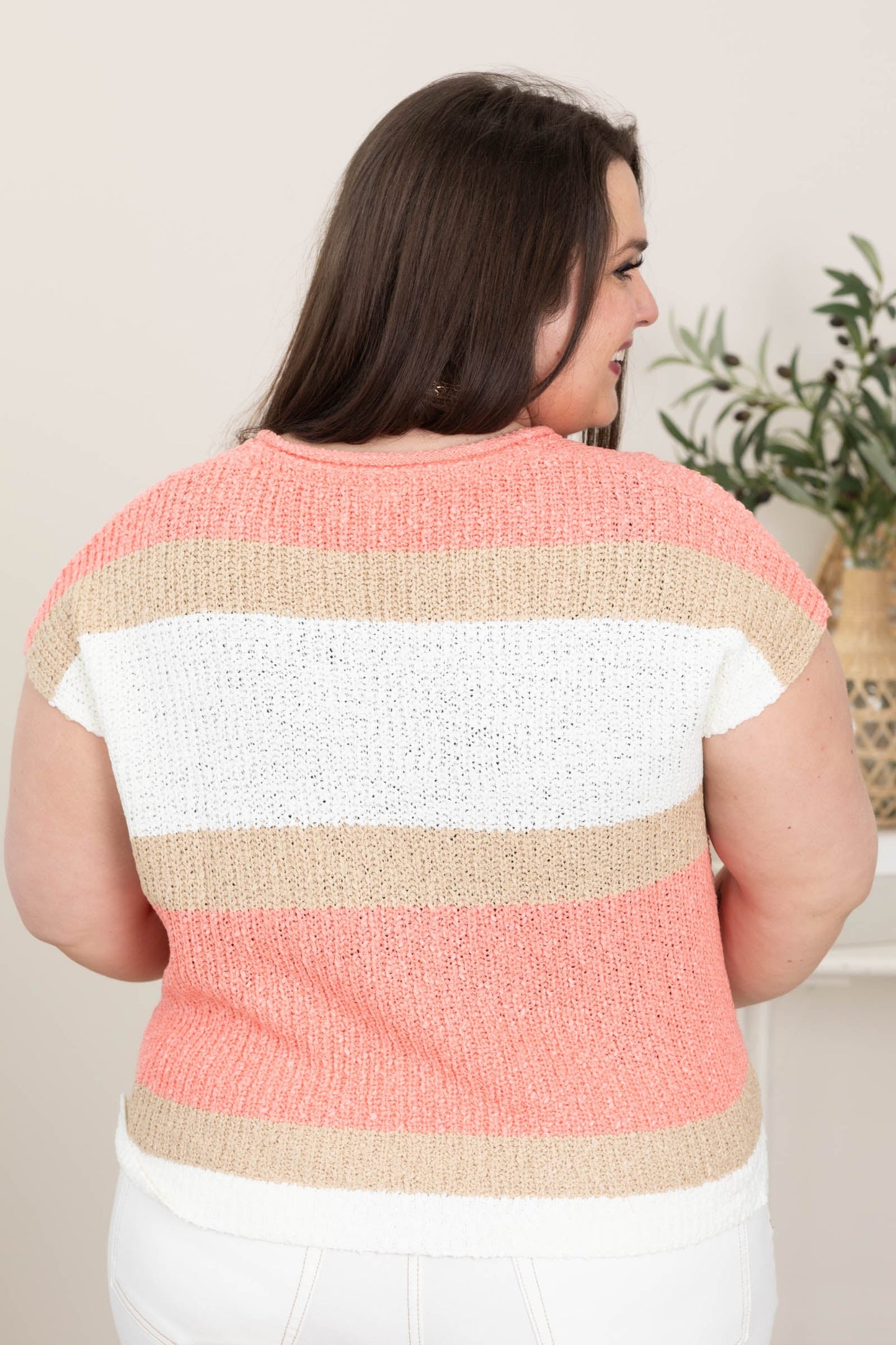 Coral and Mocha Crochet Striped Knit Top