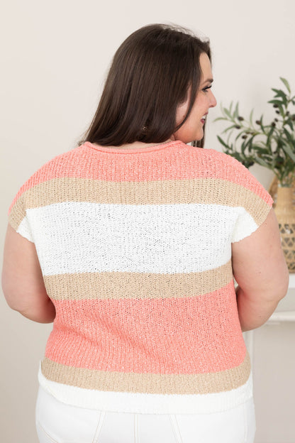Coral and Mocha Crochet Striped Knit Top