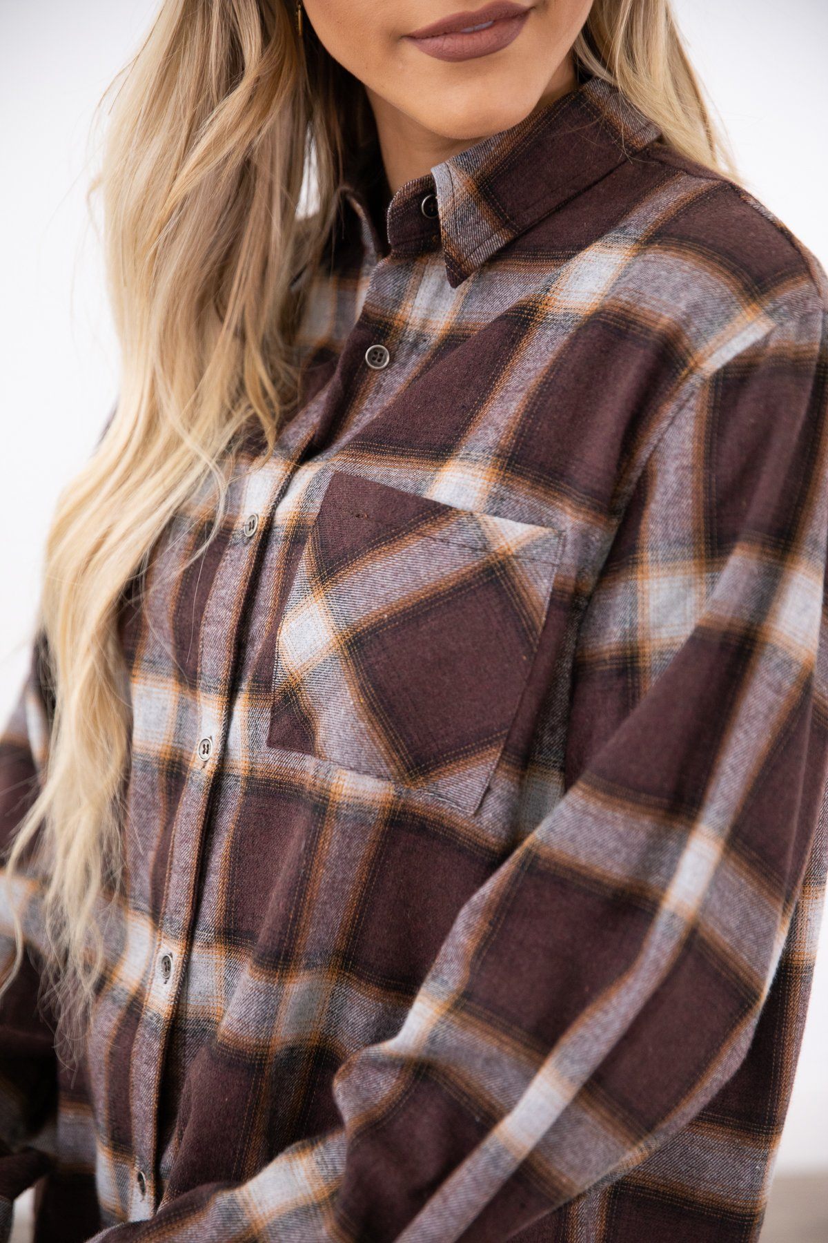 Chestnut Plaid Button Up Top