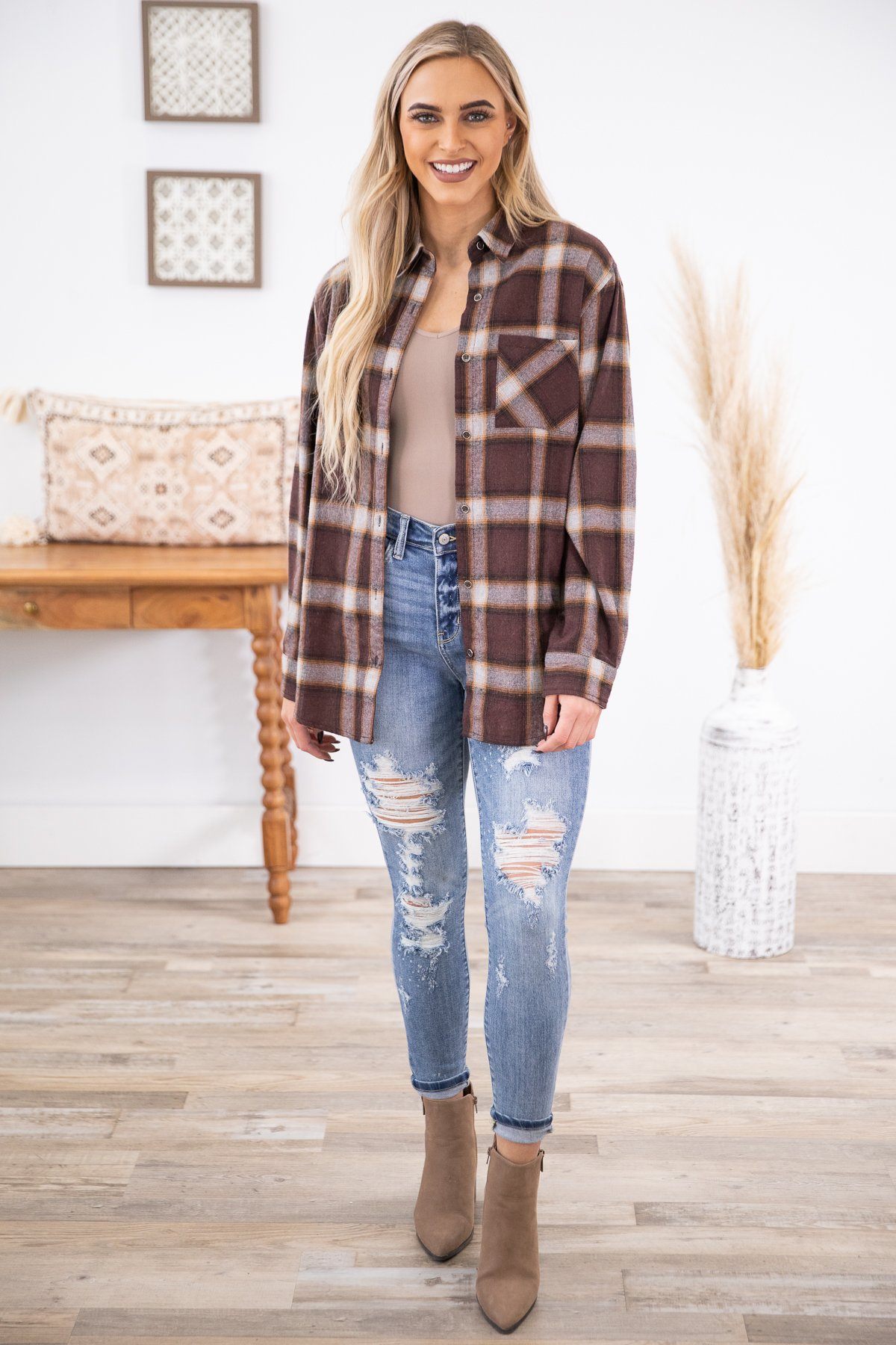 Chestnut Plaid Button Up Top
