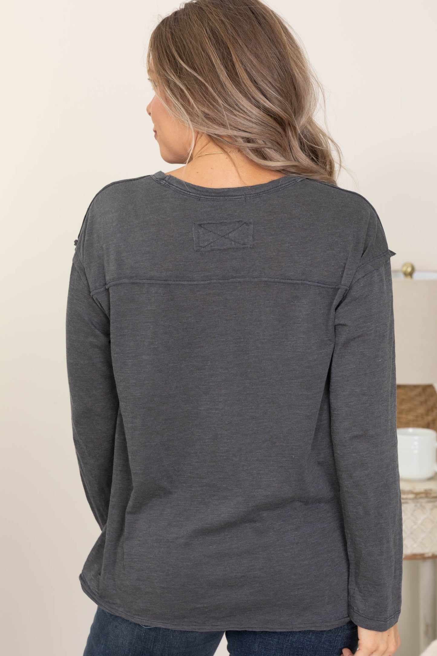 Charcoal Mineral Washed Round Neck Knit Top
