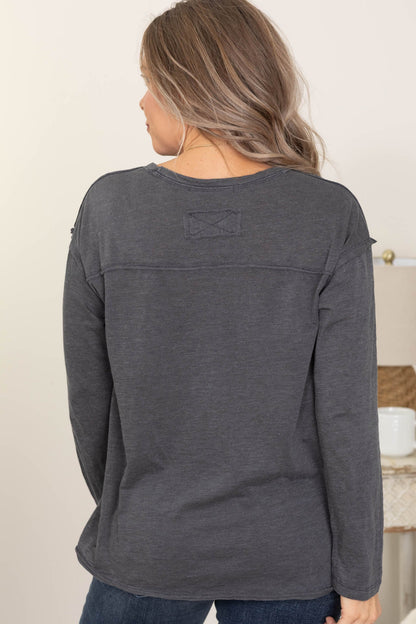 Charcoal Mineral Washed Round Neck Knit Top