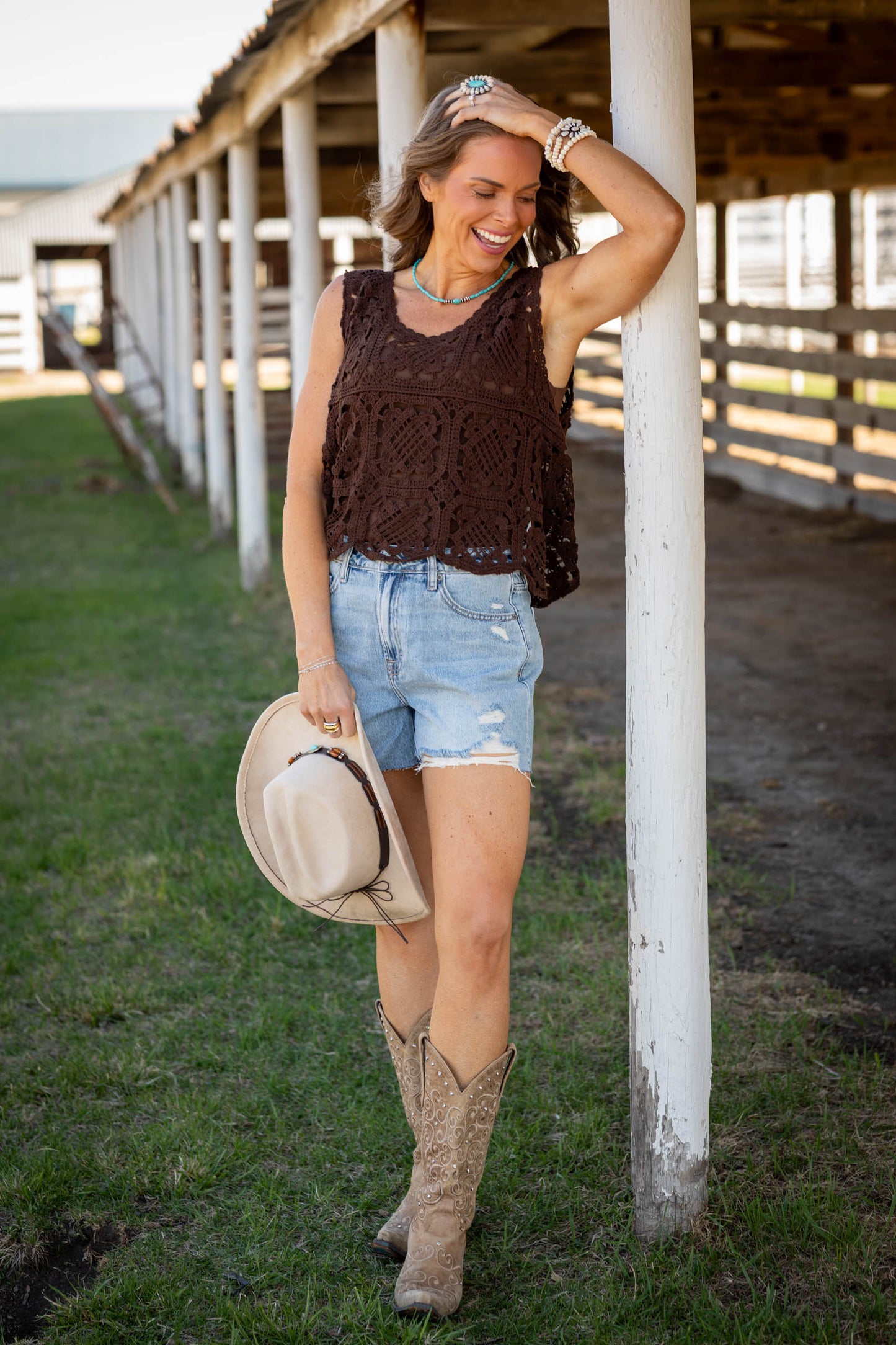 Brown Casual Crochet Tank Top