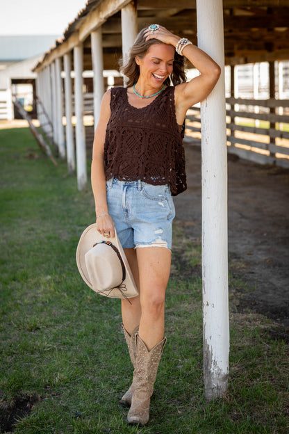 Brown Casual Crochet Tank Top
