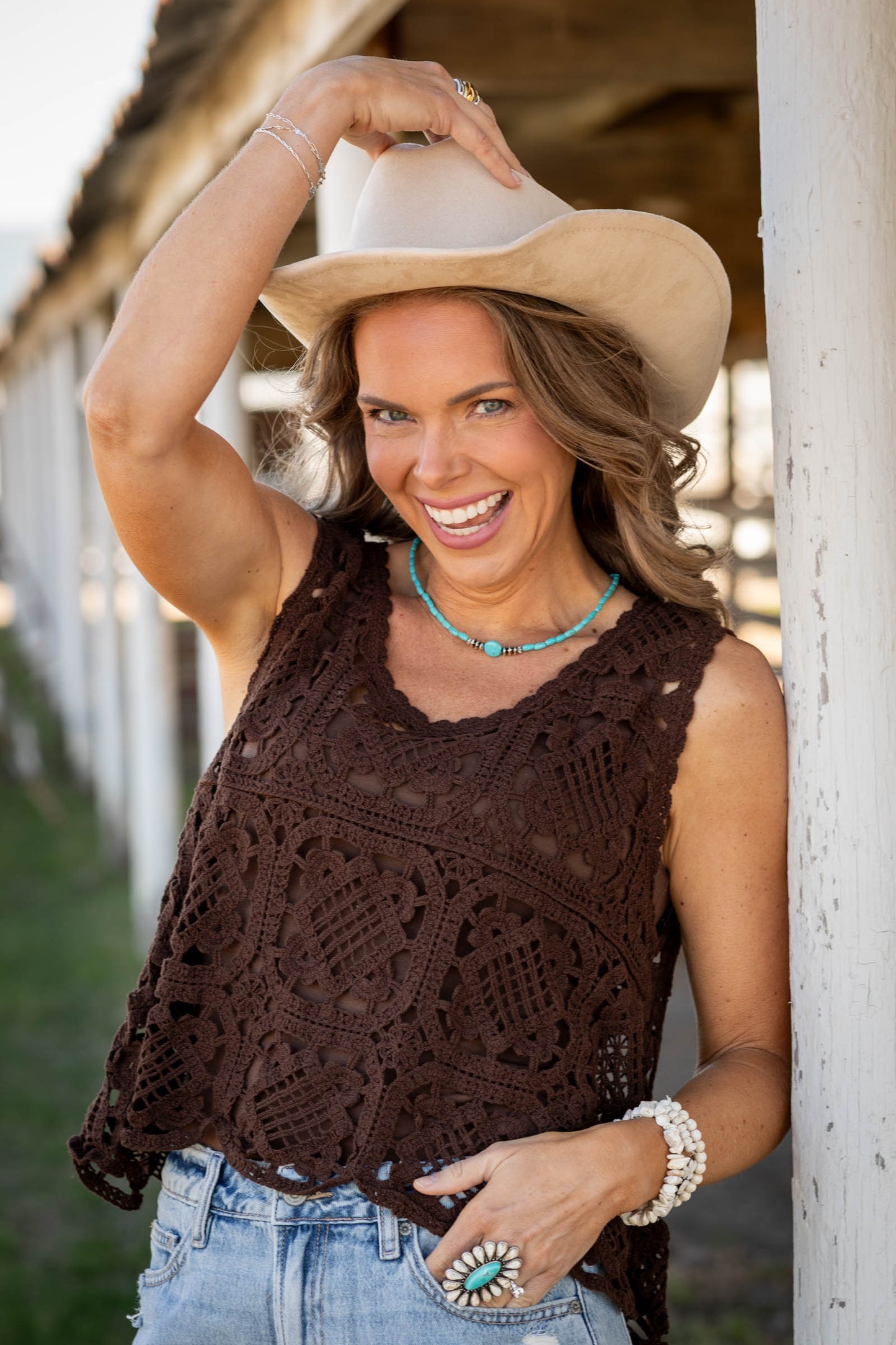 Brown Casual Crochet Tank Top
