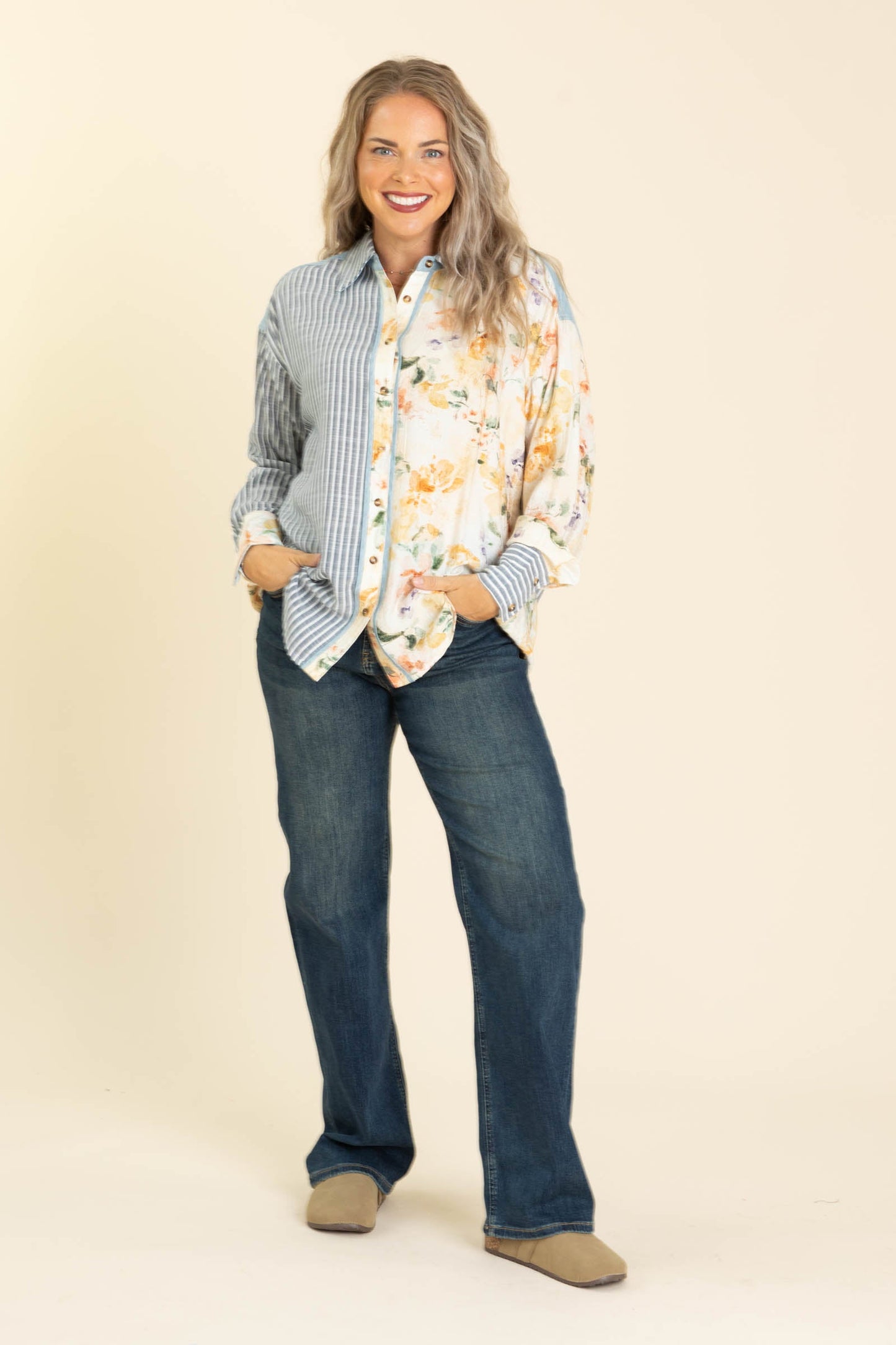 Chambray Blue Floral And Stripe Button Up Top