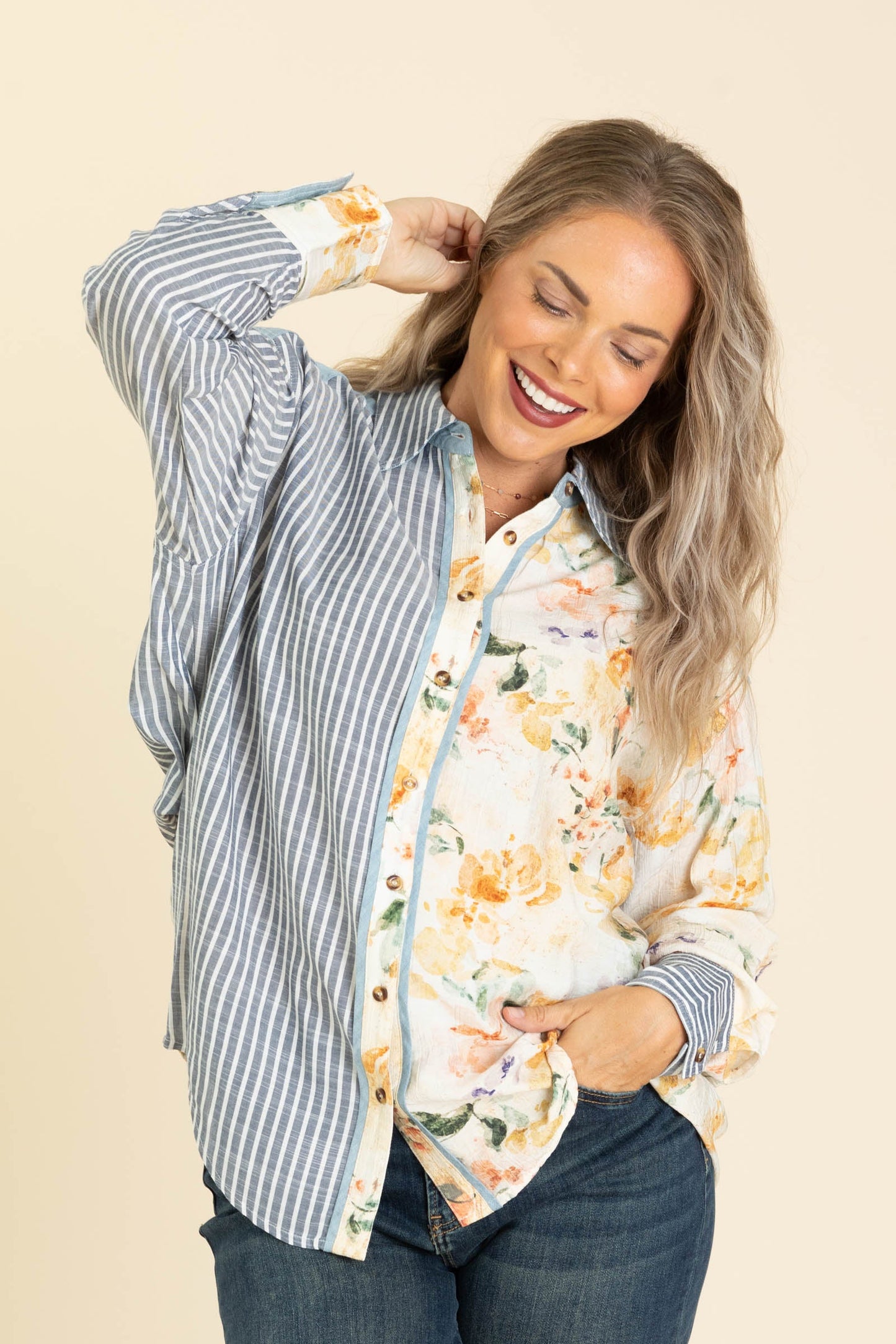 Chambray Blue Floral And Stripe Button Up Top