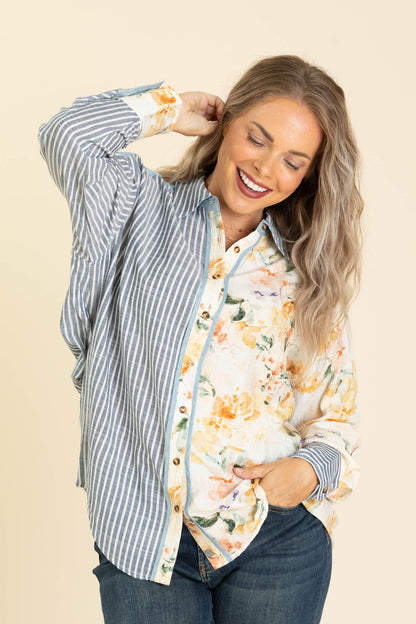 Chambray Blue Floral And Stripe Button Up Top