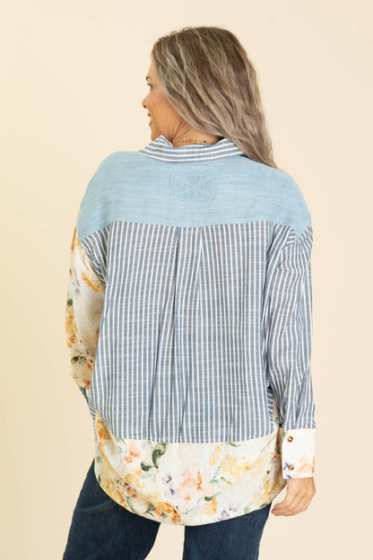 Chambray Blue Floral And Stripe Button Up Top