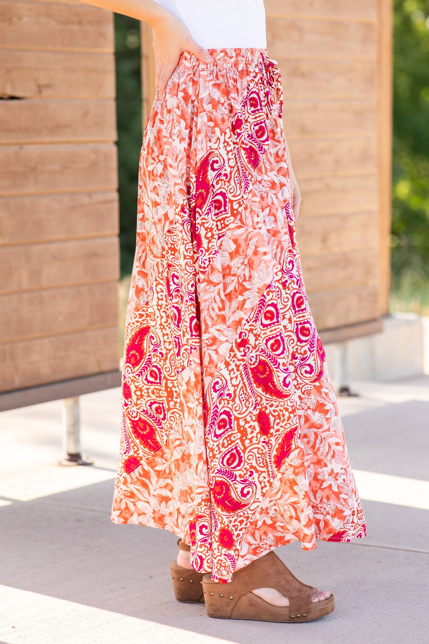 Coral And Orange Floral Print Woven Skirt