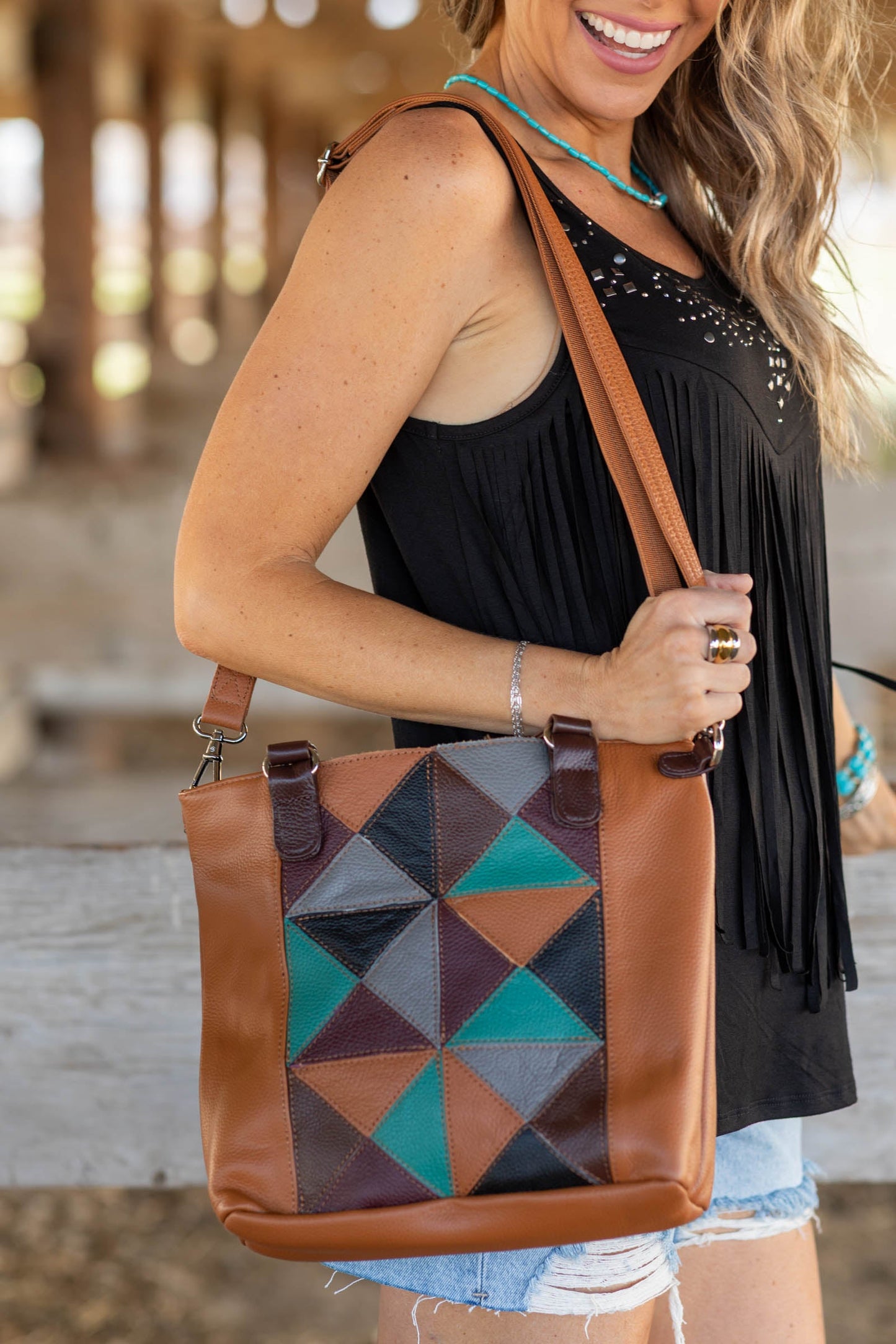 Camel Geometric Cowhide Tote Crossbody Bag
