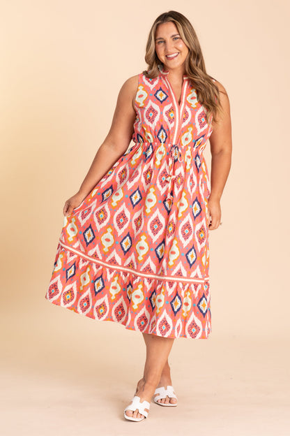 Coral Pink V-Neck Elastic Waist Midi Dress