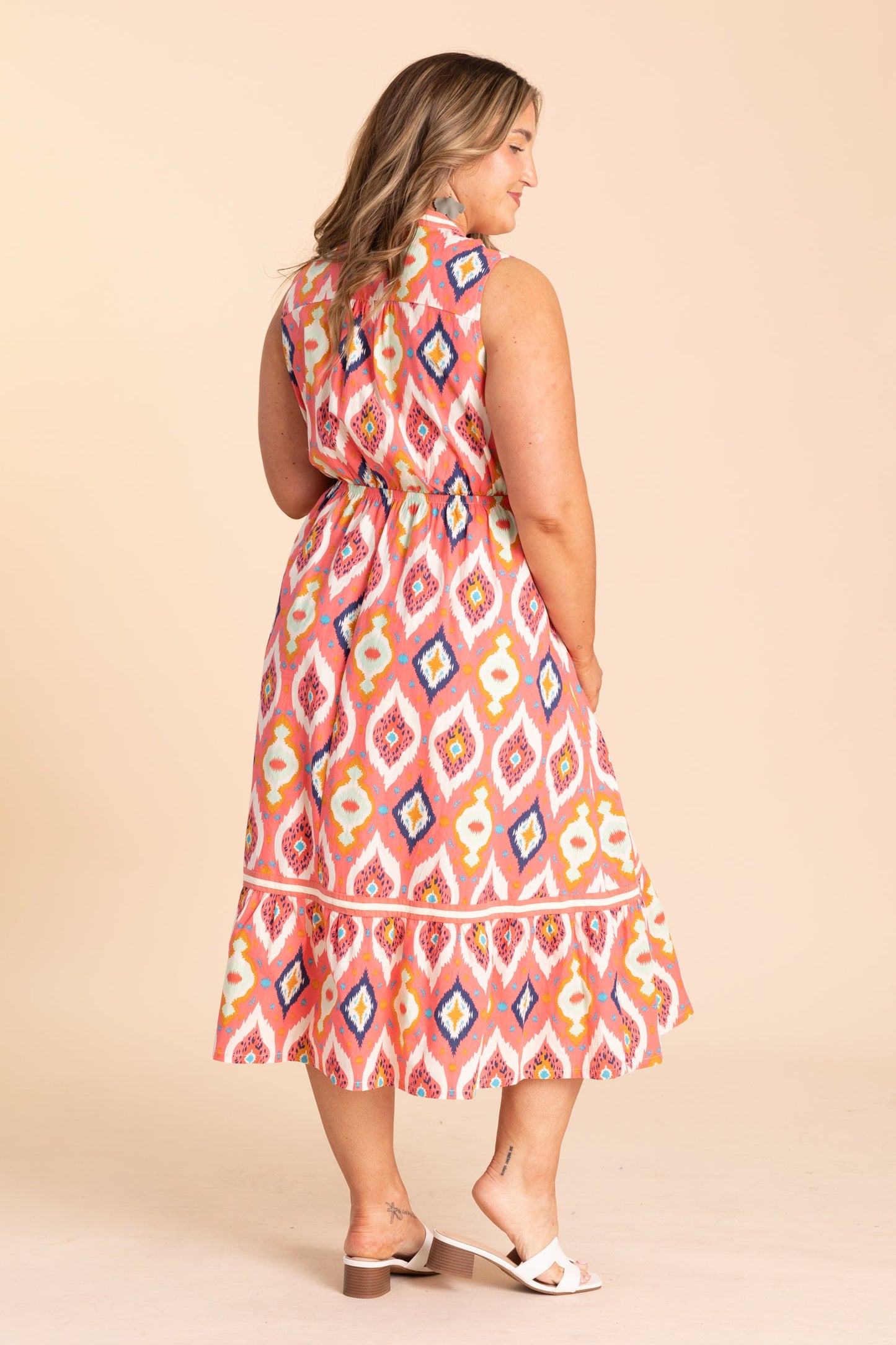 Coral Pink V-Neck Elastic Waist Midi Dress