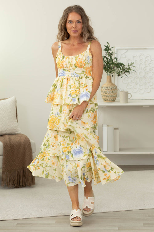 Butter Yellow Floral Ruffle Tiered Midi Dress