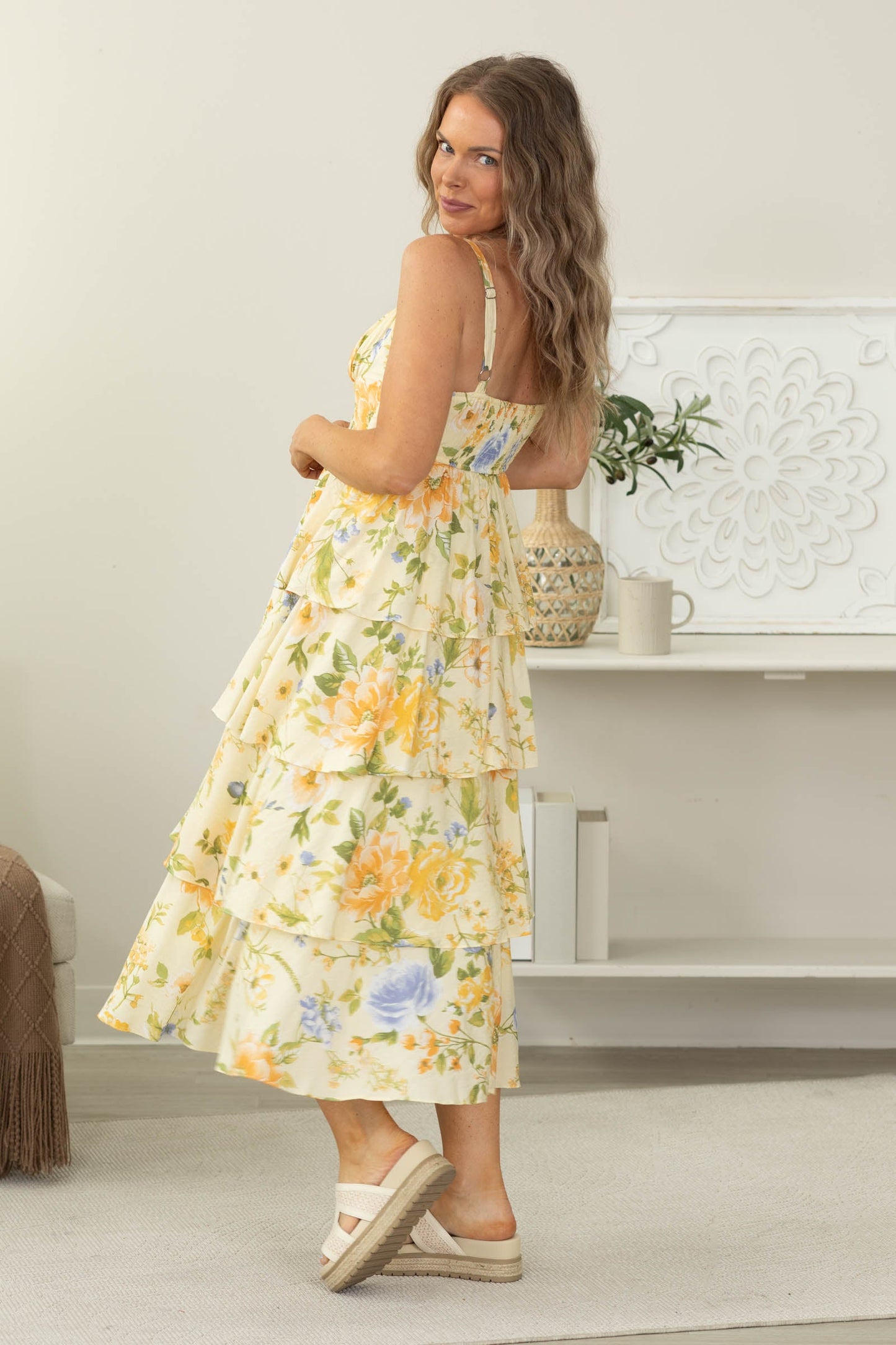 Butter Yellow Floral Ruffle Tiered Midi Dress