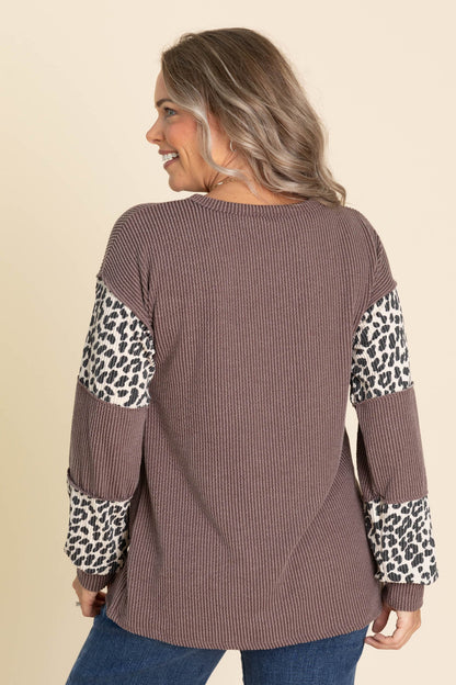 Brown Ribbed Long Sleeve With Cheetah Knit Top