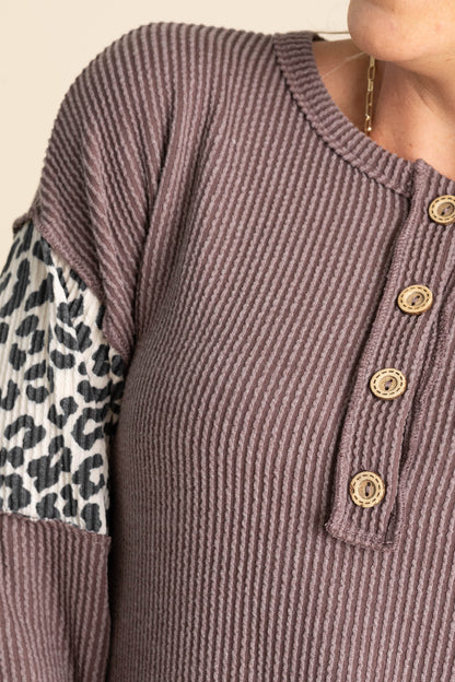 Brown Ribbed Long Sleeve With Cheetah Knit Top