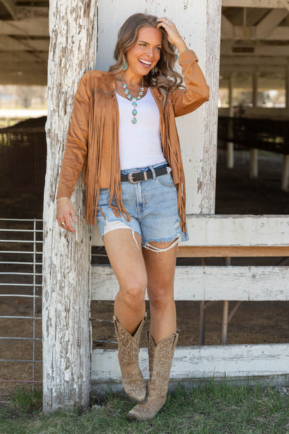 Camel Suede Studs And Fringe Detail Jacket