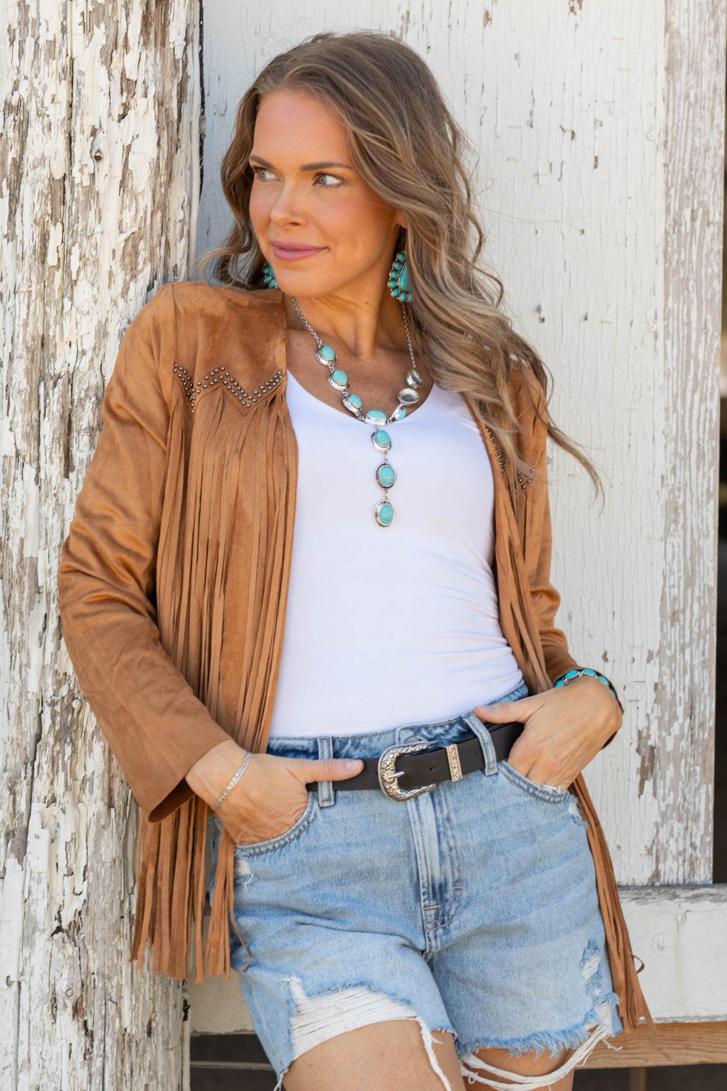 Camel Suede Studs And Fringe Detail Jacket