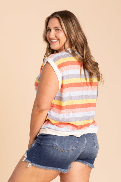 Coral And Yellow Stripe Knit Top