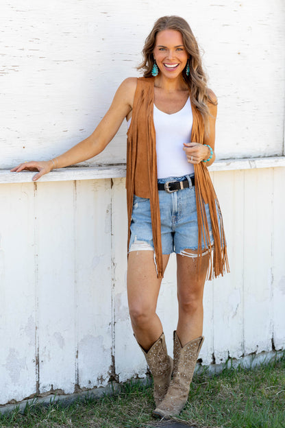 Camel Suede Fringe Detail Vest