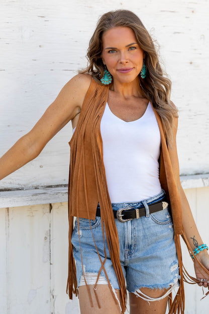 Camel Suede Fringe Detail Vest