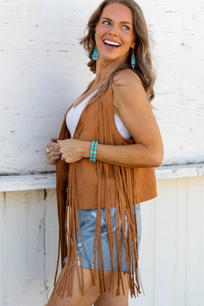 Camel Suede Fringe Detail Vest